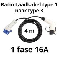 Laadkabel type 1 naar type 3 - 1 fase 16A - 4 meter