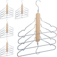 RELAXDAYS 5 x Mehrfach Kleiderbügel, platzsparend, je 4 Hemdenbügel mit Hosensteg, Holz, Metall, Antirutschbügel, natur/grau