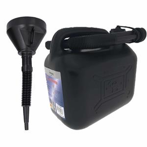 Benson Jerrycan zwart voor olie en brandstof van 5 liter met een handige grote trechter van 39 cm