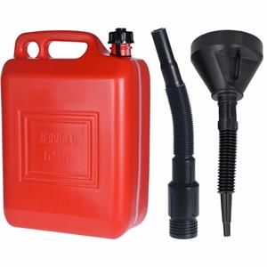 Jerrycan rood voor olie en brandstof van 10 liter met een handige grote trechter van 39 cm