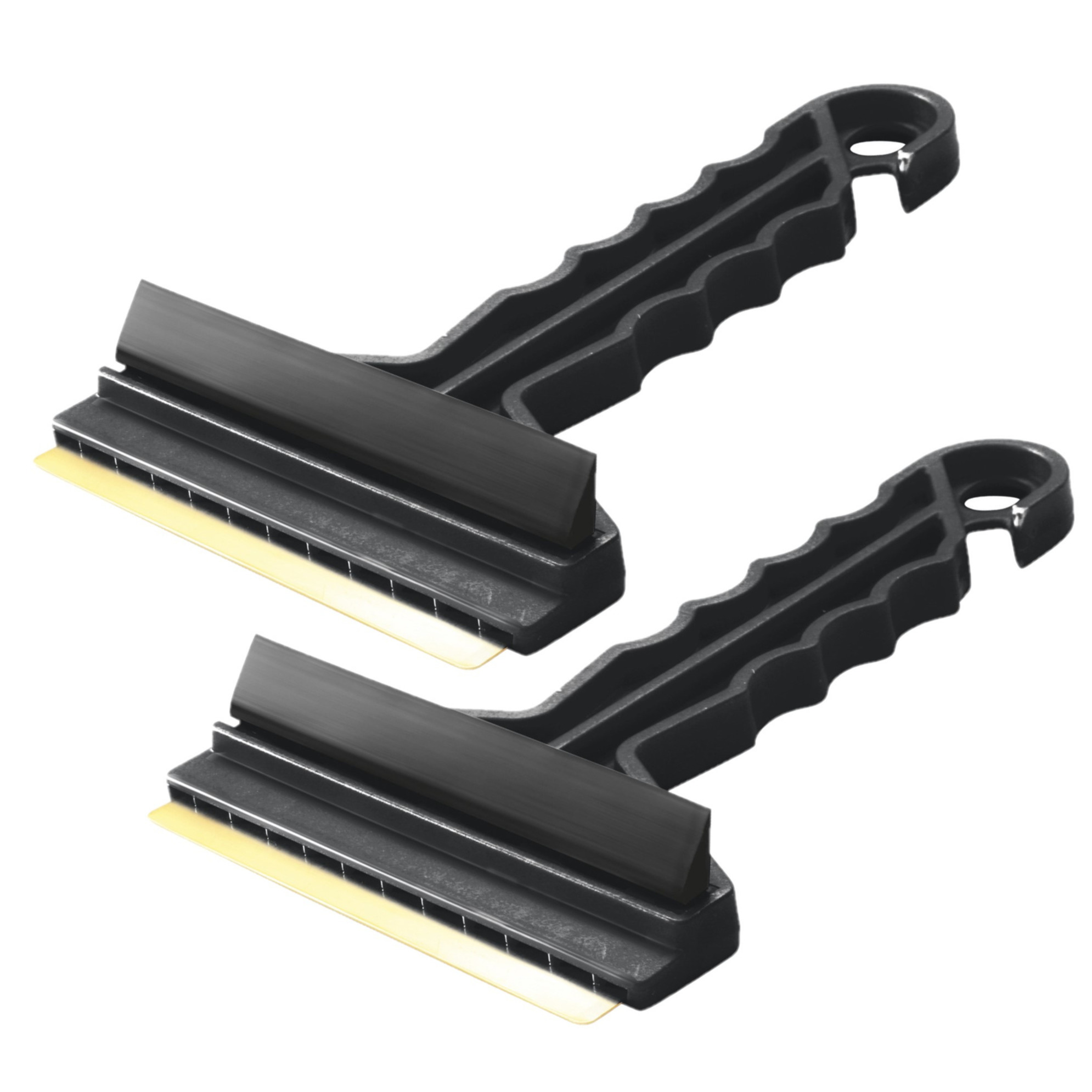 Prosperplast 2x stuks ijskrabber/raamkrabber zwart kunststof met koper blad en rubberen trekker 9 x 16 cm -