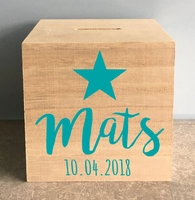 Geboortexpress.nl houten spaarpot met naam (en datum) en ster