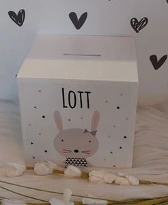 Geboortexpress.nl houten spaarpot met naam (en datum)trendy konijntje-meisje