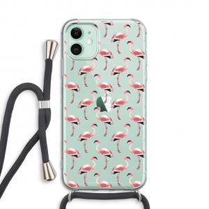 CaseCompany Flamingoprint groen: iPhone 11 Transparant Hoesje met koord