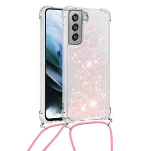 Backcover hoes met koord - Samsung Galaxy S21 FE - Glitter Rose Zilver