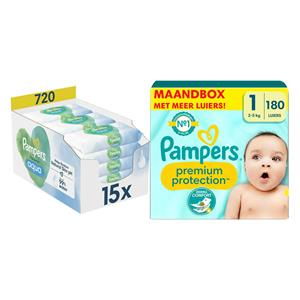 Pampers Premium Protection Luiers Maat 1 en Harmonie Aqua Billendoekjes 720 stuks Pakket