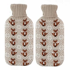 Home & Styling Warmwaterkruiken 2 liter met zachte gebreide vossen print hoes beige 2x stuks -