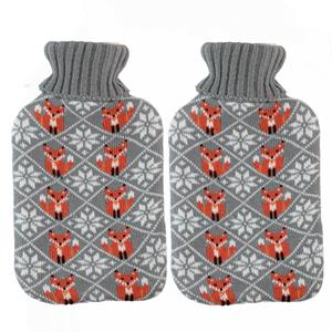 Home & Styling Warmwaterkruiken 2 liter met zachte gebreide vossen print hoes grijs 2x stuks -
