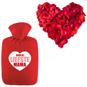 Bellatio Liefste mama warmwaterkruik rood 2 liter fleece hoes en rozenblaadjes -