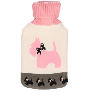 Warmwater kruik met wit/roze honden hoes 2 liter -