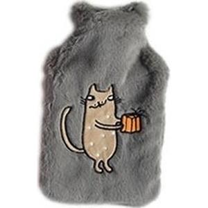 Cosy & Trendy Lichtgrijze pluche kruik met bruine kat/poes 2 liter -