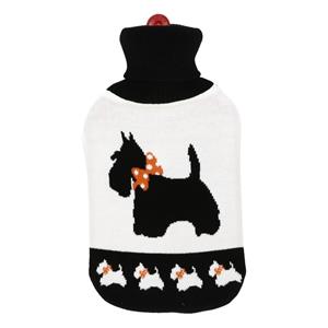 Warmwater kruik met wit/zwarte honden hoes 2 liter -