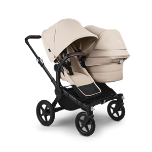 Bugaboo Donkey 5 Duo bassinet and seat stroller black base, desert taupe fabrics, desert taupe sun canopy