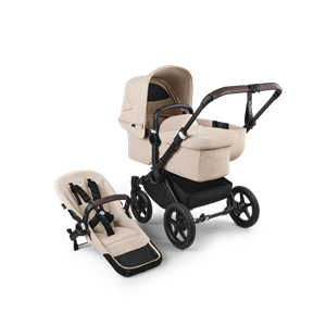 Bugaboo Donkey 5 Mono bassinet and seat stroller black base, desert taupe fabrics, desert taupe sun canopy