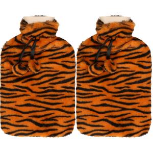 H&S Collection Warmwaterkruik - 2x - met zachte dierenprint hoes - oranje/zwart - 1,75L - kruik -