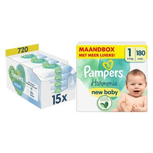 Pampers Harmonie Luiers Maat 1 en Harmonie Aqua Billendoekjes 720 stuks Pakket