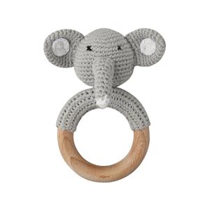 Dutsi  Houten Bijtring & Rammelaar - Met Gebreid Dierenfiguurtje - Ø 7 cm - Olifant