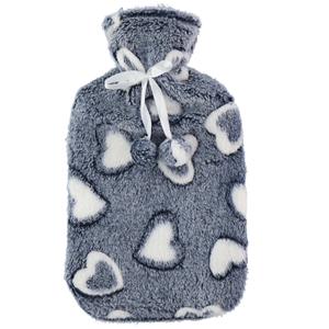 Home & Styling Warmwaterkruik 2 liter met zachte fleece hoes grijs/hartjes -