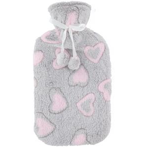 Home & Styling Warmwaterkruik 2 liter met zachte fleece hoes lichtgrijs/hartjes -