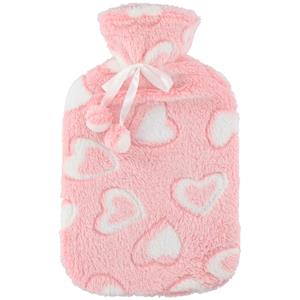 Home & Styling Warmwaterkruik 2 liter met zachte fleece hoes roze/hartjes -