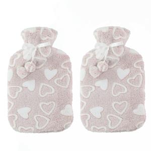 Home & Styling Warmwaterkruiken 2 liter met zachte fleece hoes beige/hartjes 2x stuks -