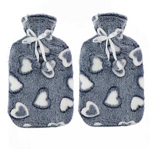 Home & Styling Warmwaterkruiken 2 liter met zachte fleece hoes grijs/hartjes 2x stuks -