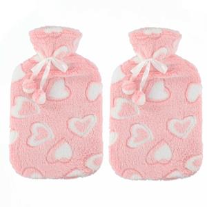 Home & Styling Warmwaterkruiken 2 liter met zachte fleece hoes roze/hartjes 2x stuks -