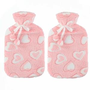 Home & Styling Warmwaterkruiken 2 liter met zachte fleece hoes roze/hartjes 2x stuks -