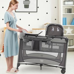costway Opvouwbare Baby Speelbox met Wieg & Luier Verschoontafel Speel met Verwijderbare Matras Opbergmand 2 Afsluitbare Wielen Draagtas