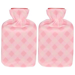 Set van 2x stuks water kruik met fleece hoes roze ruiten print 1,7 liter -