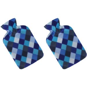 Set van 2x stuks water kruik met fleece hoes blauwe ruiten print 1,7 liter -