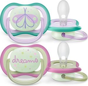 Philips Avent Ultra Air Fopspeen - Nighttime - 0 tot 6 Maanden - 2 Speentjes - Groen/Paars - Vuurvliegje/Dreams