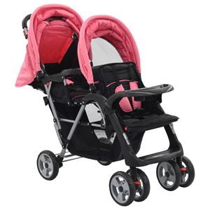 vidaXL Kinderwagen dubbel staal roze en zwart