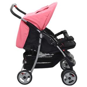 vidaXL Tweelingkinderwagen staal roze en zwart