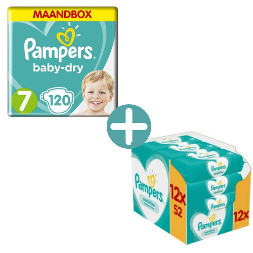 Pampers Baby Dry Maat 7 - 120 Luiers Maandbox +  Sensitive Billendoekjes 624