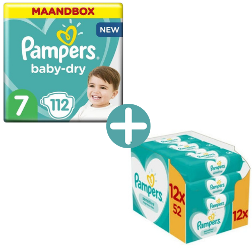 Pampers Baby Dry Maat 7- 112 Luiers Maandbox +  Sensitive Billendoekjes 624