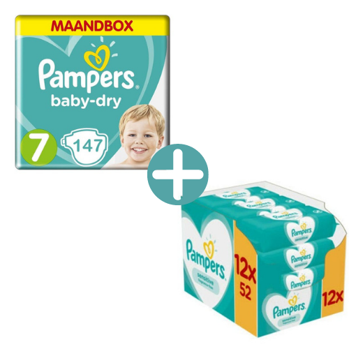 Pampers Baby Dry maat 7 - 147 Luiers Maandbox +  Sensitive Billendoekjes 624
