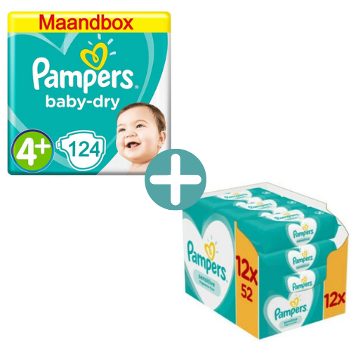 Baby Dry Maat 4+ 124 Luiers Maandbox+  Sensitive Billendoekjes 624