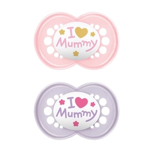 MAM Original Fopspeen silicone 2 st. 6-16 maanden Ik hou van a in roze