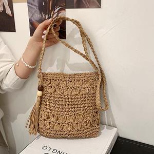 Stro Geweven Vierkante Dames Crossbody Schoudertas Mode Kwastje Ontwerp Kleine Handtas Zomer Strandtas Dame Reizen Shopper Bakken 21x1x21cm beige