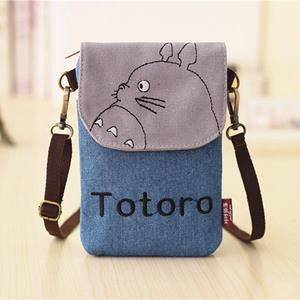 Mode Dames Schoudertas Leuke Cartoon Totoro Print Canvas Crossbody Tas Portemonnee Mobiele Telefoon Tas Portemonnee donkerblauwe kleur