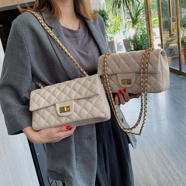 AKA003 Mode Vrouwen Plaid Leren Crossbody Tas Portemonnees Dames Designer Kettingband Slung Schoudertassen met Slot Sluiting beige