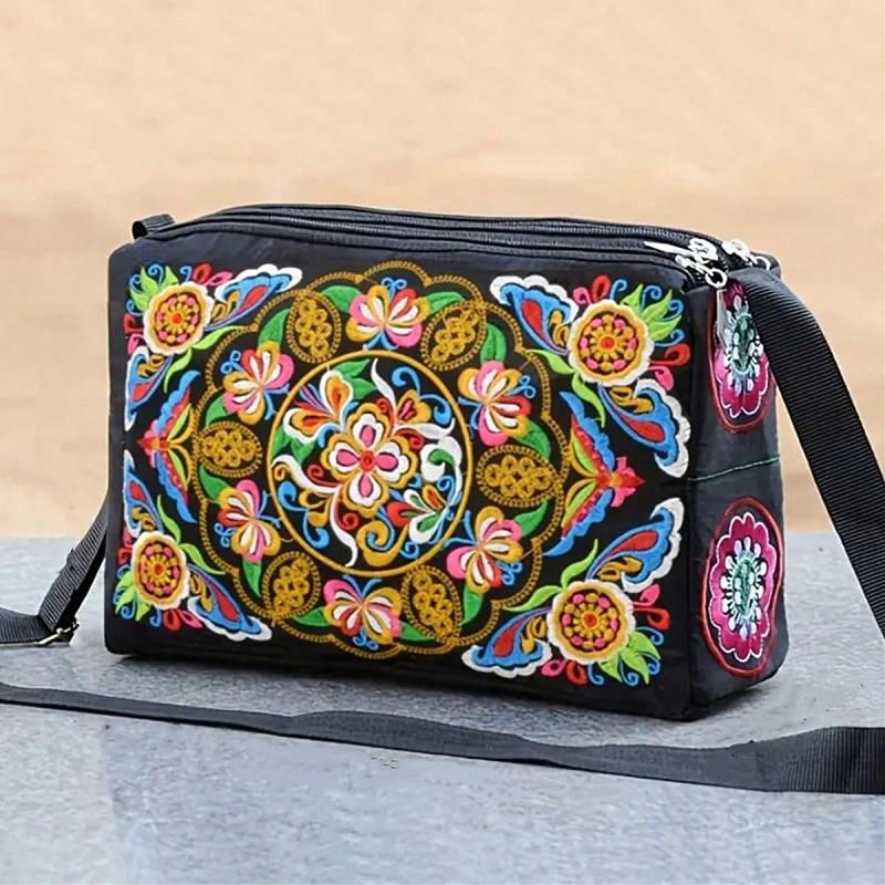 Yogodlns Schoudertas Yunnan Etnische Stijl Geborduurde Tas Crossbody Tas Vrouwen Tas Vergroot Drie Rits Stoffen Tas Grote Capaciteit Vierkante Tas 27x9x18cm zwart