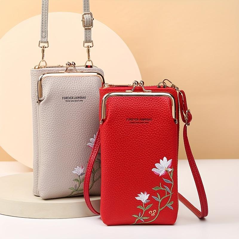 RUWB BAGS Mini bloemen geborduurde crossbody tas Stijlvolle dames casual handtas met kaarthouder Portemonnee portemonnee en telefoonvak Dagelijks gebruik en reizen rood