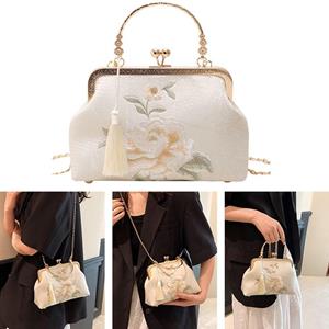 SZtongbuzhong White White Embroidered Peony Silk cloth Tassel Shoulder Bag Fashion Chinese Style Handbag wit