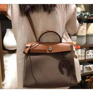 VantaGoods 2024 High-End Echt Leren Canvas Crossbody Tas met Contrasterende Stiksels 31CM bruin
