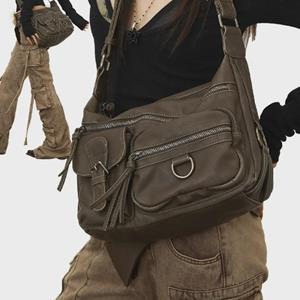 VantaGoods Retro Bruine Multi-Pocket Washed Distressed Motorfiets Schoudertas voor Dames