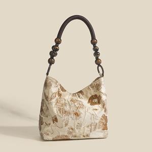 Fancy Lady Retro jacquard okseltas nieuwe Chinese stijl houten kraal gevlochten ketting schoudertas voor dames one size donkerbruine kleur
