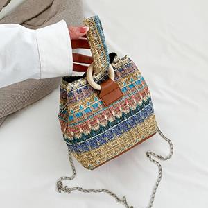 Warm clothes family 2024 Zomer Kleurrijke Stro Geweven Polsband Tas Mode Handgeweven Mini Emmer Tas Vrouwen Ketting Sling Portemonnees Breien Kleine Satchel roze