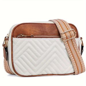 RUWB BAGS Gewatteerde Crossbodytassen voor dames Veganistisch lederen vierkante portemonnees Kleine schouderhandtassen met brede riem bruin/beige